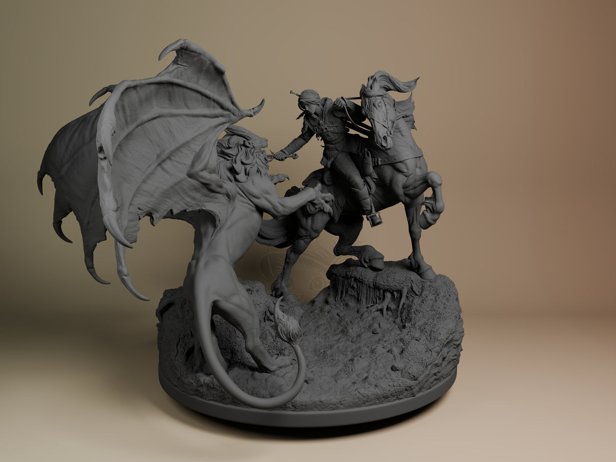 Front view shows unpainted Ciri vs Manticore from The Witcher resin diorama on a rocky base.