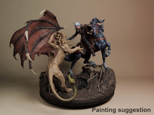 Painted resin diorama featuring Ciri on horseback battling a winged manticore on rocky terrain, The Witcher series.