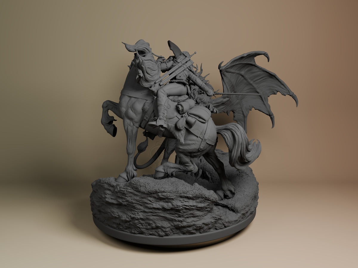 Left-angle view shows Ciri vs Manticore from The Witcher, unpainted on a rocky base as a resin diorama.