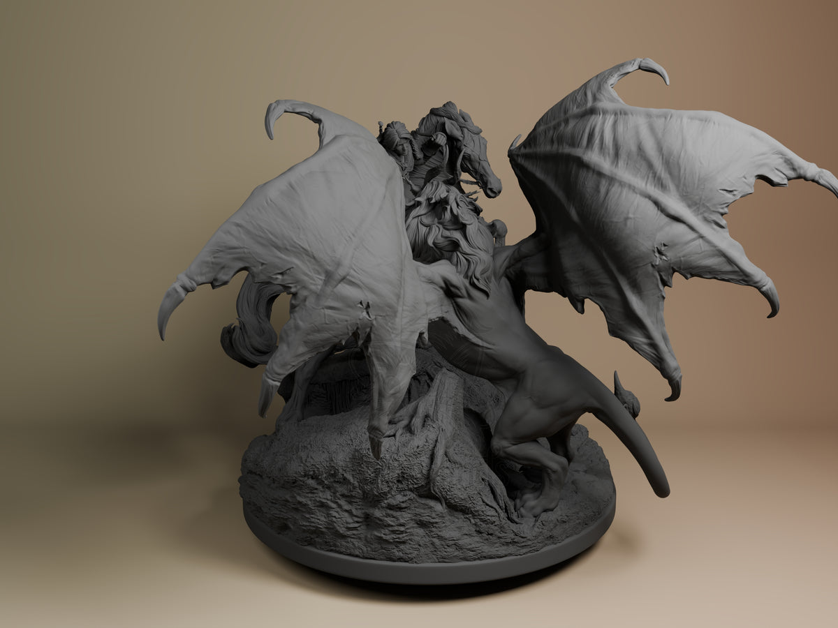 Right-side view shows unpainted Ciri vs Manticore from The Witcher, with spread wings on a rocky base resin diorama.