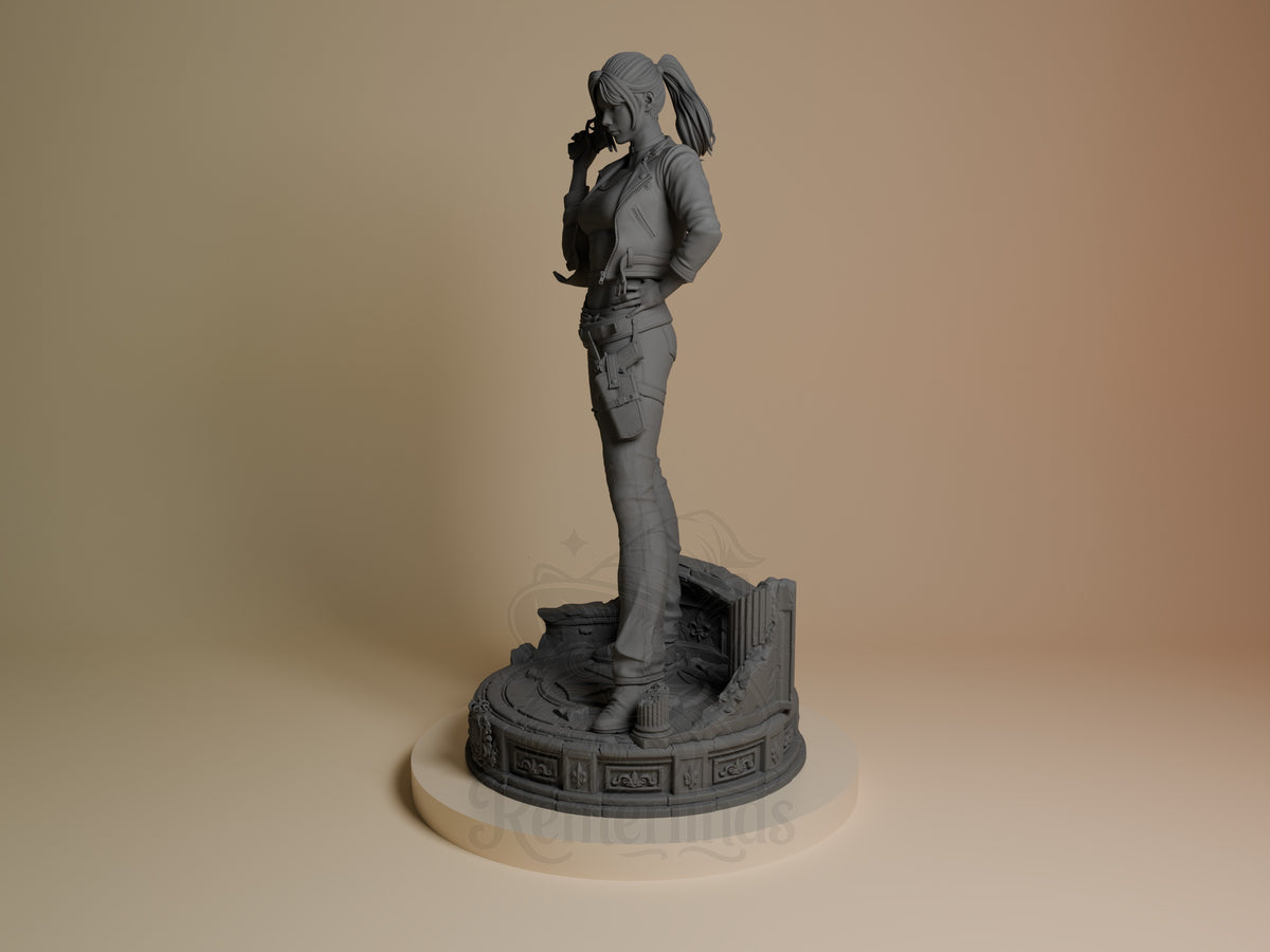 Unpainted Claire Redfield from Resident Evil stands in profile as a resin figure on an ornate base.