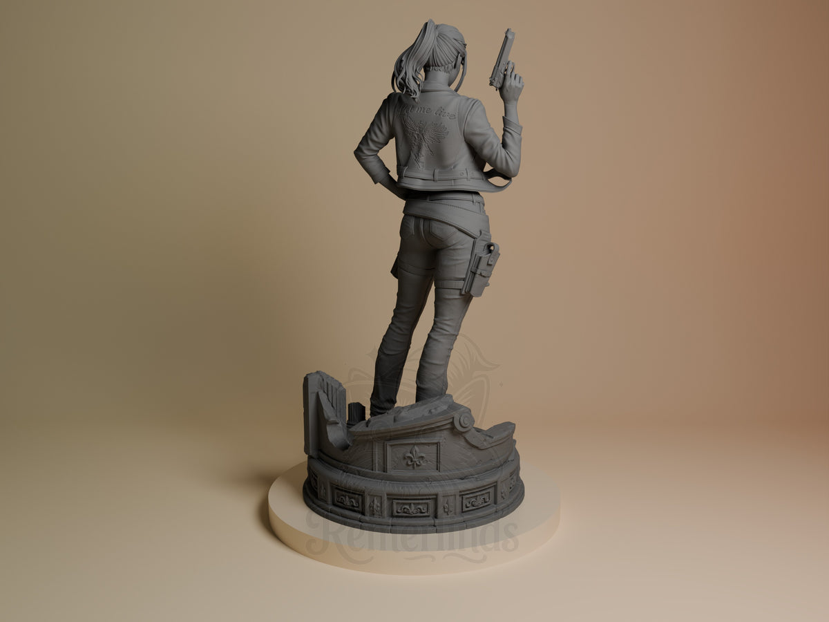 Back view shows Claire Redfield from Resident Evil, an unpainted resin figure holding a handgun on an ornate base.