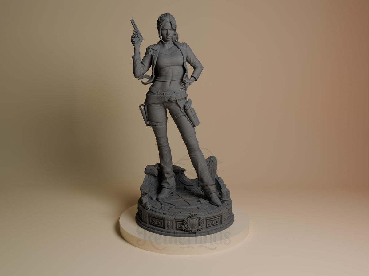 Claire Redfield from Resident Evil stands front-facing as an unpainted resin figure on a sculpted base.