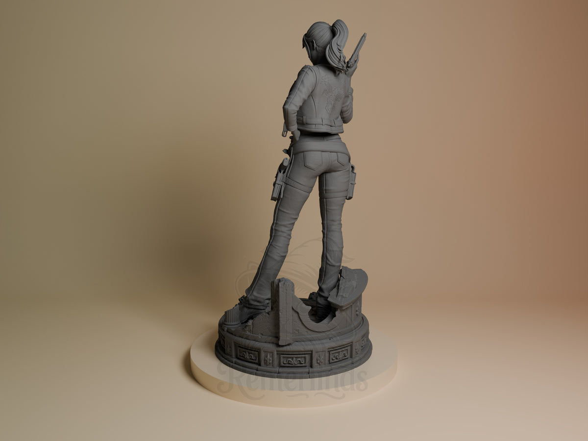 The unpainted resin figure of Claire Redfield from Resident Evil stands on a sculpted base, viewed from the rear.