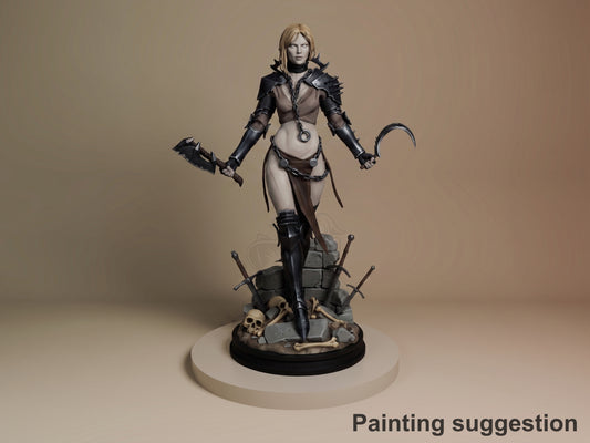 Clang resin figure from Bulkamancer OC on dark base with skull details, posed holding weapons, painted in black and tan tones, frontal view.