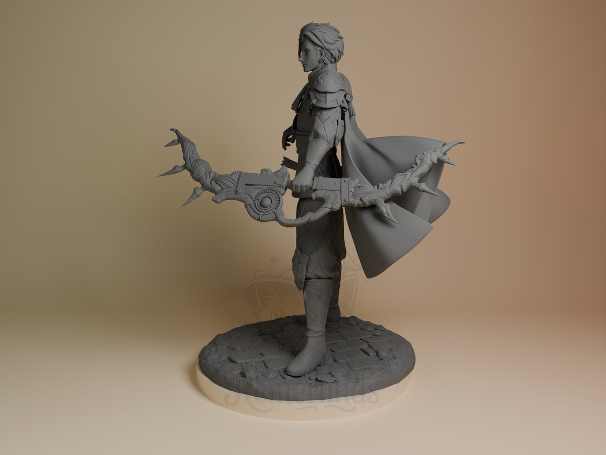 Golden Strategist from Fire Symbol, an unpainted resin figure, holds a bow on a sculpted base.