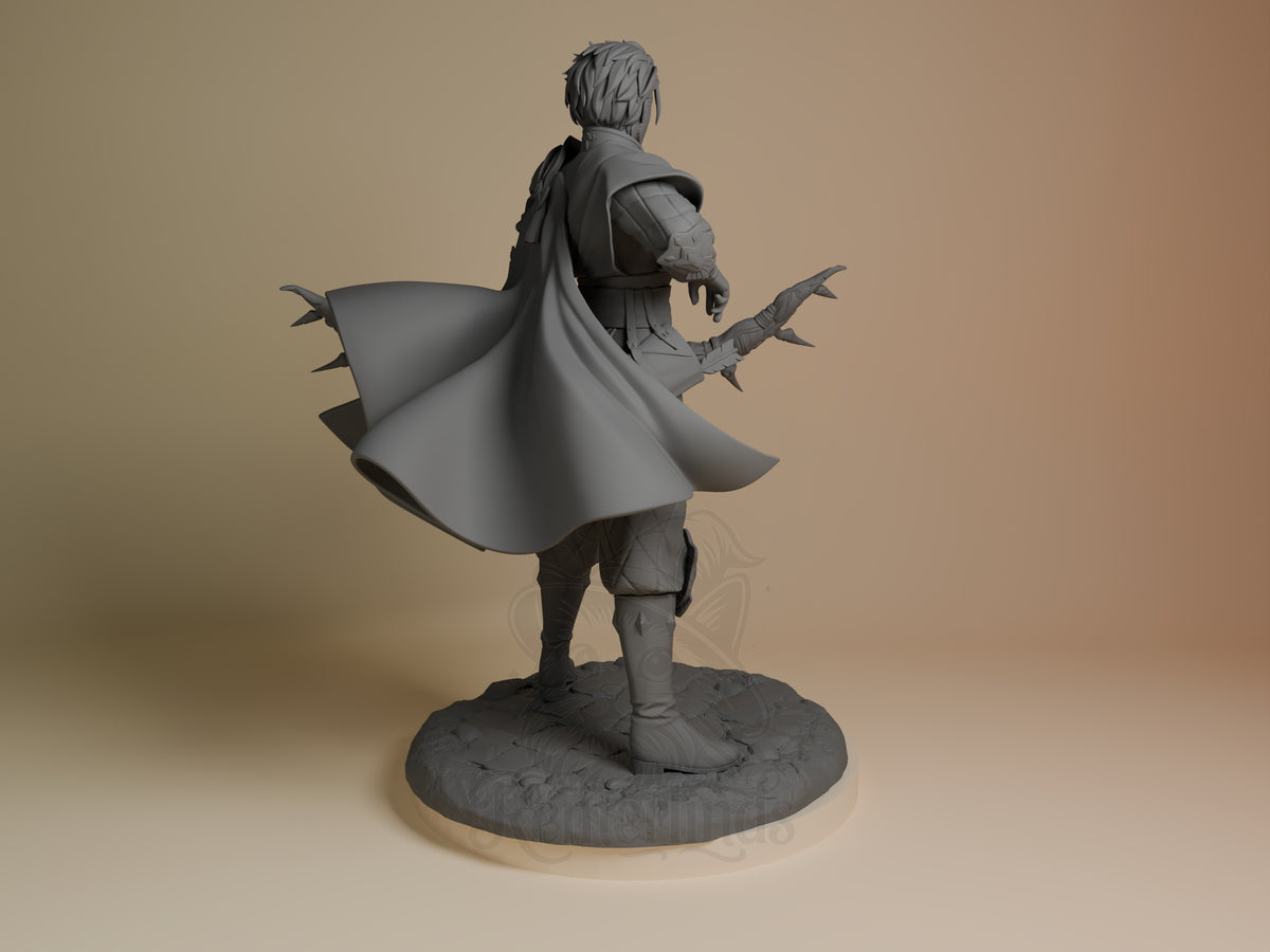 Golden Strategist from Fire Symbol is an unpainted resin figure viewed from behind on a rocky base.
