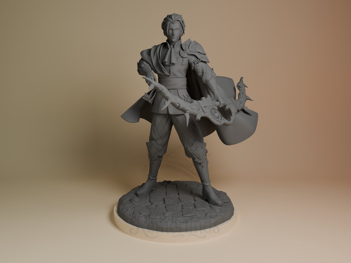 Golden Strategist from Fire Symbol stands front-facing as an unpainted resin figure with bow on a sculpted base.