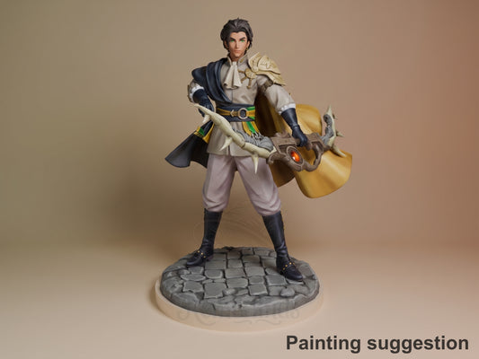 Golden Strategist resin figure in painted cream and navy outfit with gold accents, holding ornate staff, posed on stone base against neutral background.