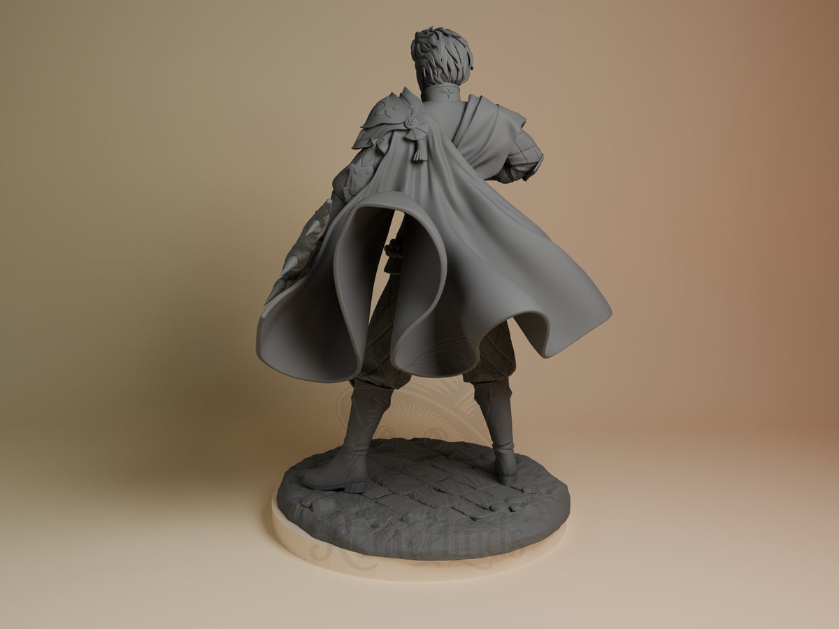 Golden Strategist from Fire Symbol resin figure shown from behind, unpainted on sculpted base.
