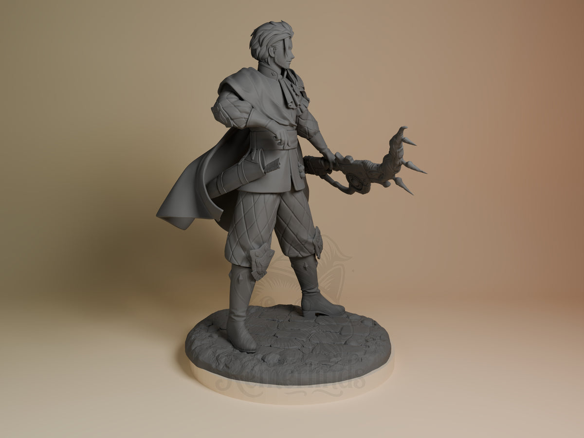 Golden Strategist from Fire Symbol resin figure shown in a right-facing pose, unpainted with staff and sculpted base.