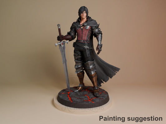 Clive Rosfield resin figure from Final Fantasy, painted and posed standing with sword, metallic armor details, burgundy vest, black cape, on dark base with red accents.