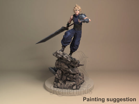 Cloud Strife Final Fable 3D printed resin figure by Nomnom, colored view.