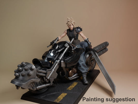 Cloud Strife resin figure posed on Hardy Daytona motorcycle with large sword, painted details, dark base with yellow stripes.