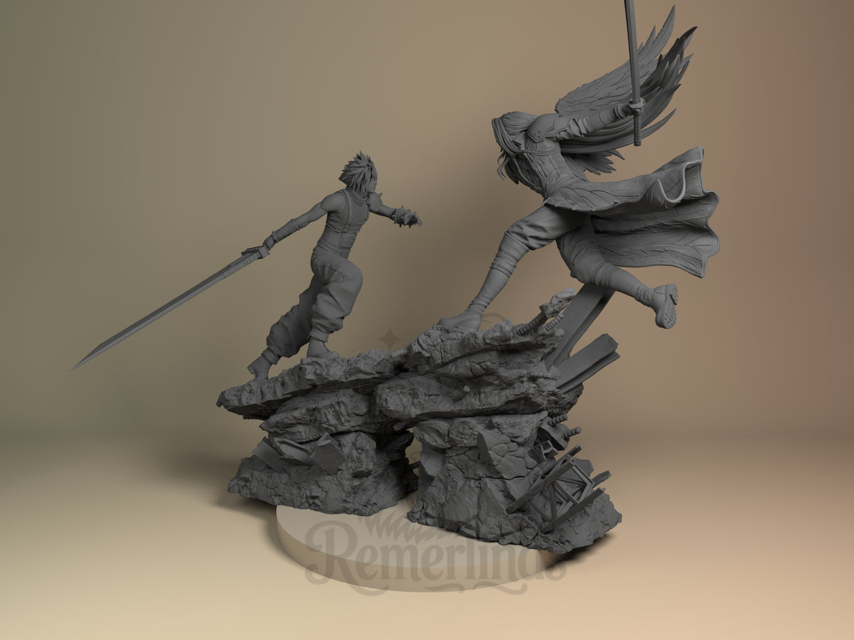 Cloud Strife vs Sephiroth Final Fable 3D printed resin Diorama by Nomnom, angled view showing dimensional details.