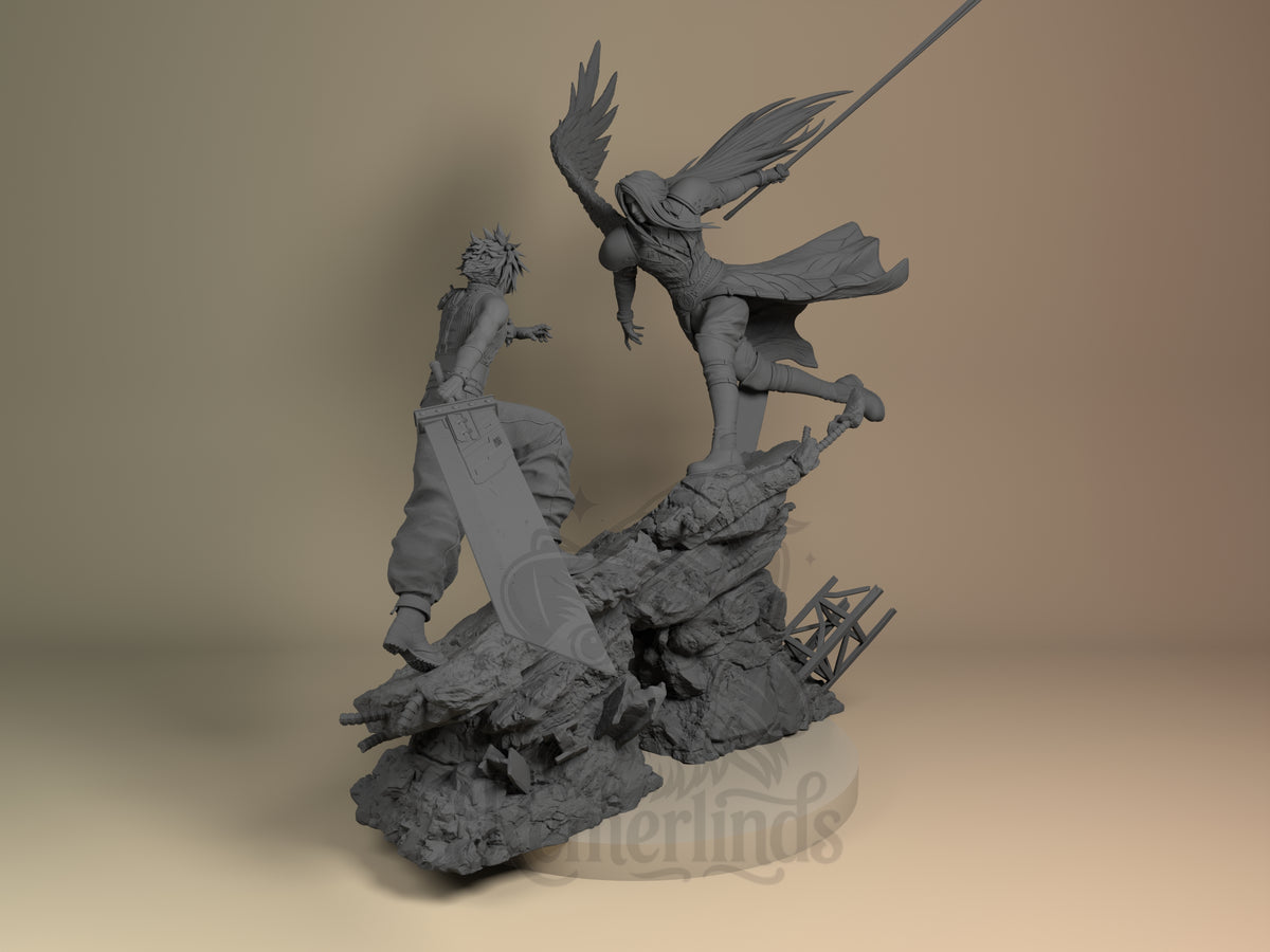 Cloud Strife vs Sephiroth Final Fable 3D printed resin Diorama by Nomnom, unpainted front view. The diorama showcases Cloud Strife and Sephiroth locked in an intense moment of combat, with Cloud grounded on rocky terrain wielding his iconic oversized sword and Sephiroth elevated in a dynamic leap with outstretched wings and long hair flowing dramatically. The detailed base complements the epic confrontation, emphasizing movement and energy between the two figures from Final Fantasy.