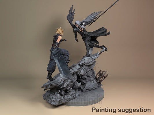 Cloud Strife vs Sephiroth Final Fable 3D printed resin Diorama by Nomnom, colored view.