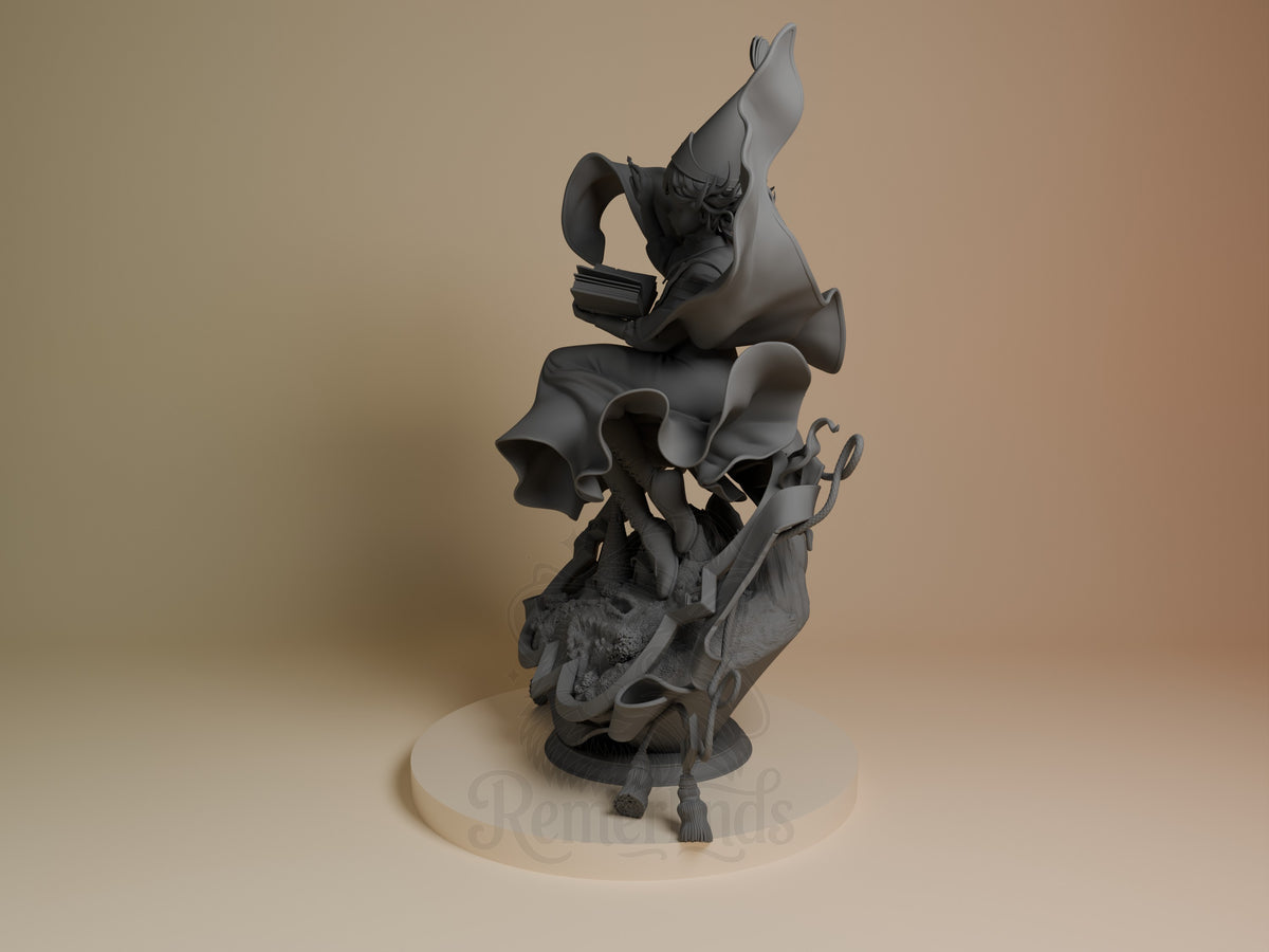 Coco from Witch Hat Atelier resin figure shown at angle, displaying unpainted gray torso and painted black upper body and accessories on cream base.