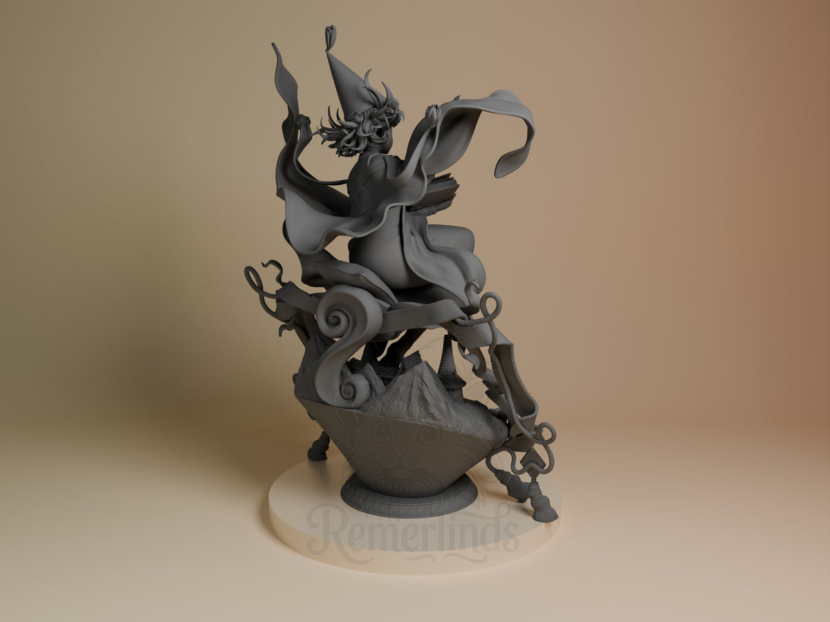 Coco from Witch Hat Atelier resin figure shown from back angle, perched dynamically on decorative base with flowing cape and ornate details, unpainted gray finish.
