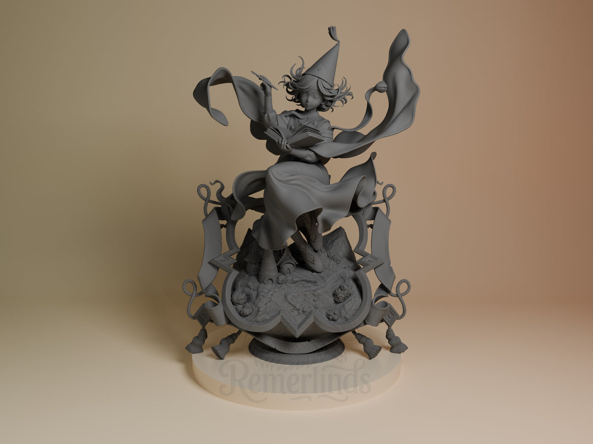 Coco resin figure from Witch Hat Atelier in dynamic pose on decorative base, unpainted gray resin, front view showing flowing fabrics and detailed ornamental stand.