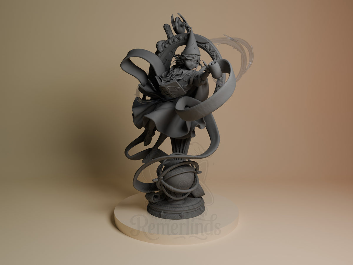 Front-view unpainted resin figure of Coco from Witch Hat Atelier floats above an ornate base.