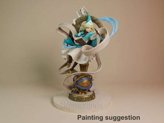 Painted Coco from Witch Hat Atelier resin figure floats with a book, wand, and sculpted base.