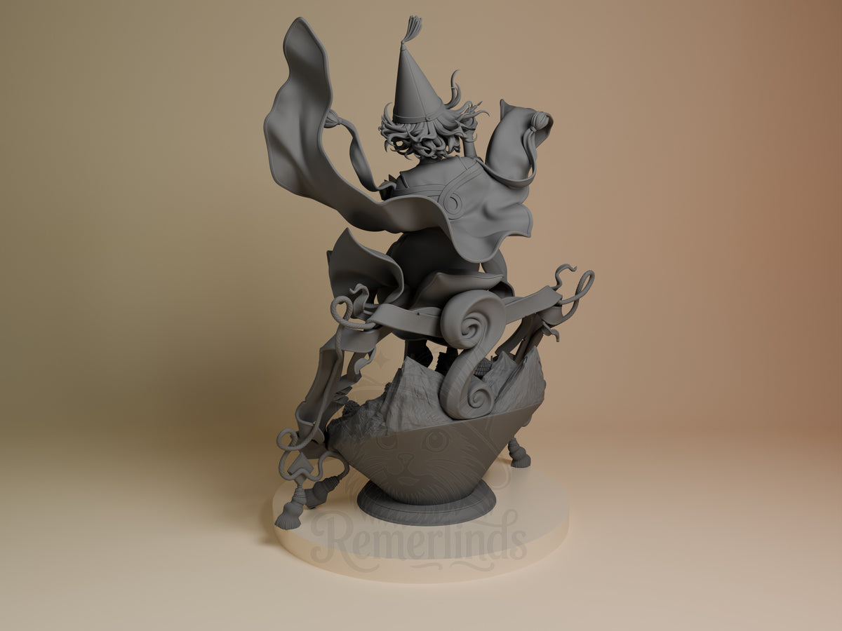 Coco from Witch Hat Atelier as an unpainted gray resin figure, shown from the left side in a dynamic pose emerging from a cauldron base with decorative swirls.