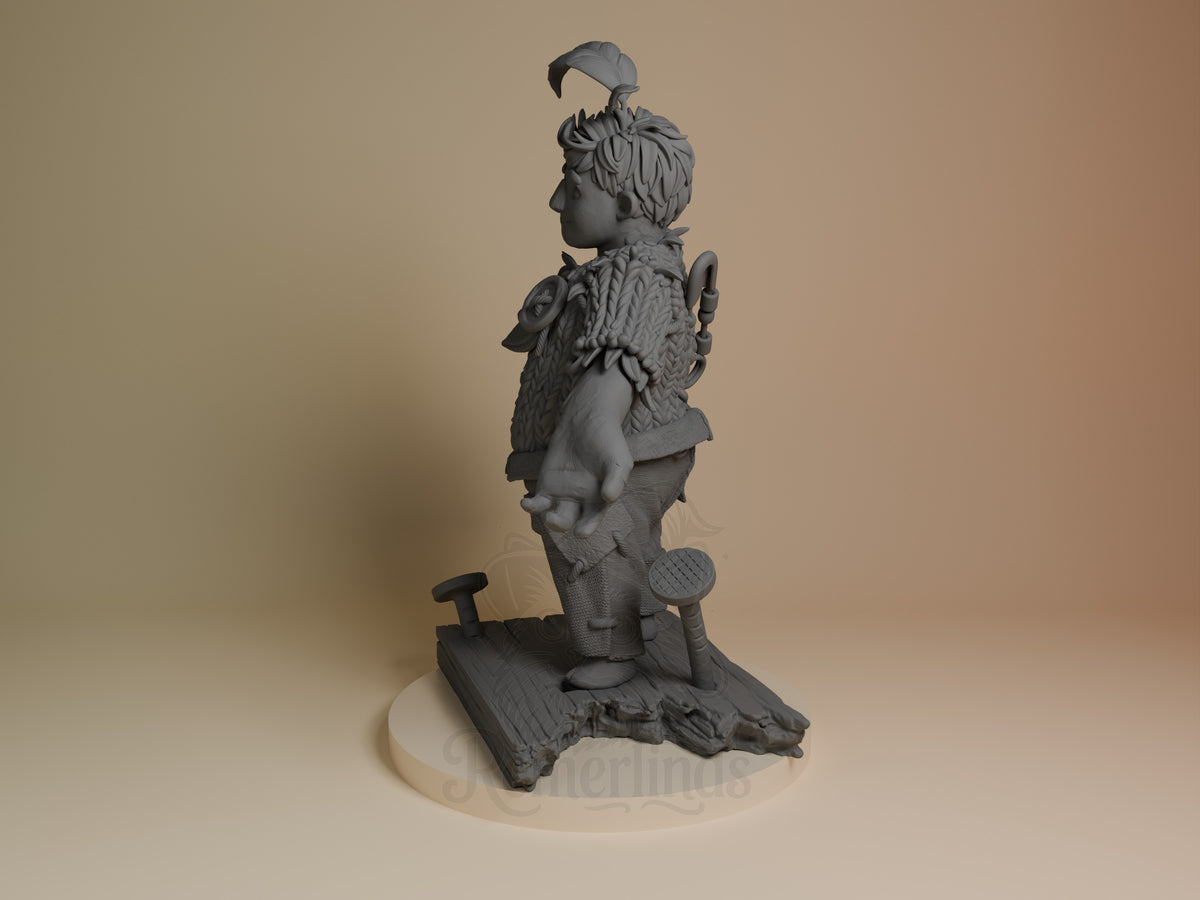 Cody from Two Are Needed resin figure shown from the side, unpainted gray, standing on wooden base with detailed clothing and feathered wings.