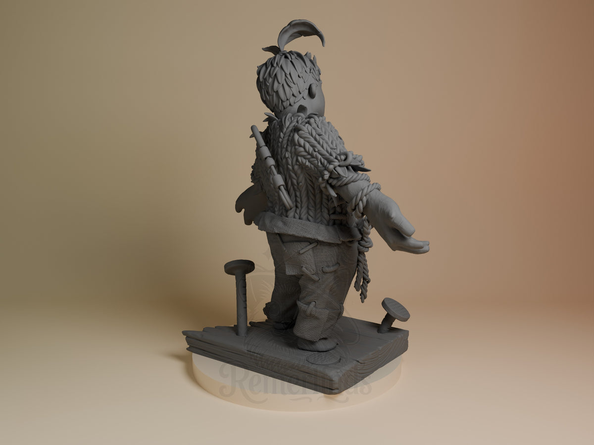 Cody from Two Are Needed resin figure shown from behind, standing on rectangular base with detailed feathered costume and accessories, unpainted gray resin.