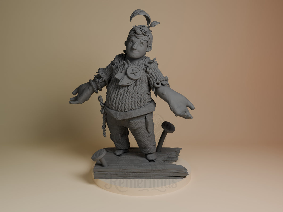 Cody from Two Are Needed resin figure shown from front, standing on wooden base with arms outstretched, wearing knit sweater and medallion, unpainted gray resin.