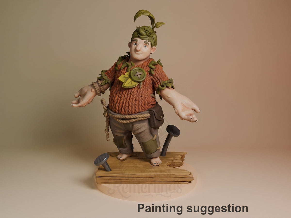 Cody from Two Are Needed resin figure, painted in earth tones, posed barefoot on wooden base with arms outstretched, wearing leaf-decorated orange sweater.