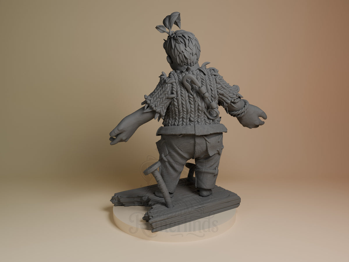 Cody from Two Are Needed resin figure shown from behind, kneeling on base wearing knit jacket and pants, unpainted gray resin.