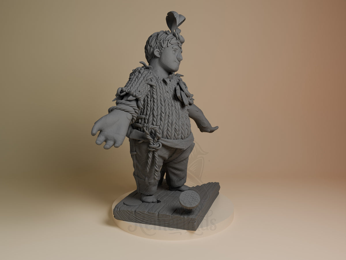 Cody from Two Are Needed resin figure shown from right side, kneeling on textured base, wearing knit sweater with rope detail, unpainted gray resin.