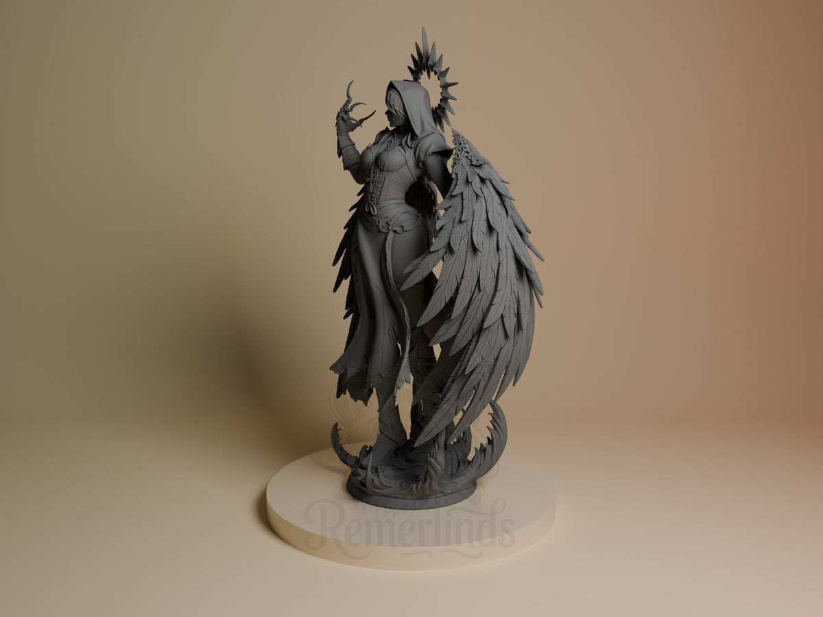 Dark resin figure of Corrupted Nun with spiked hair, large feathered wings, and horned hands, posed upright on circular base, unpainted gray finish.