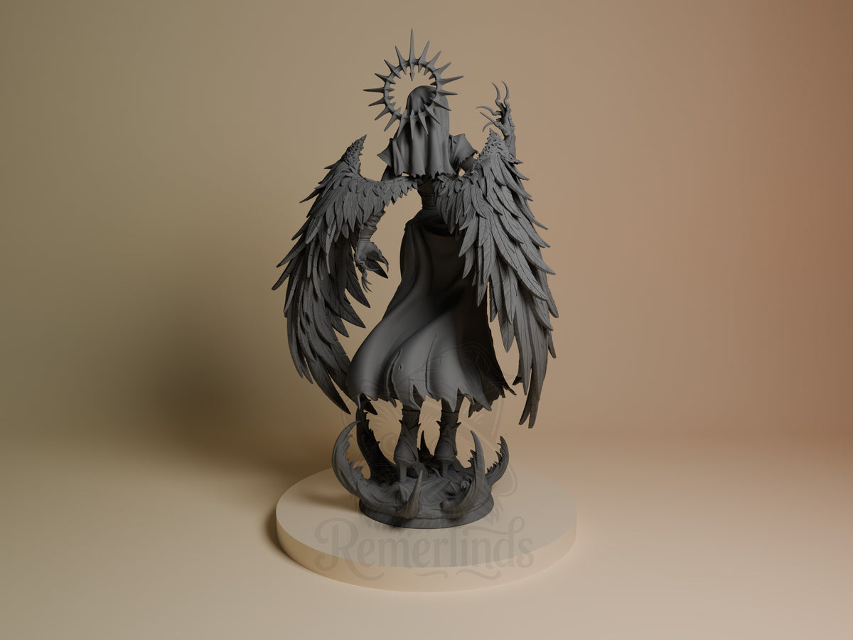 Corrupted Nun resin figure shown from behind, displaying large dark wings, spiky halo, flowing robe, and clawed feet on a round base.