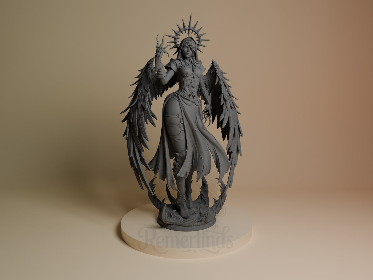 Corrupted Nun resin figure front view: winged dark angel with spiky halo, armored dress, posed upright on round base, unpainted gray resin.