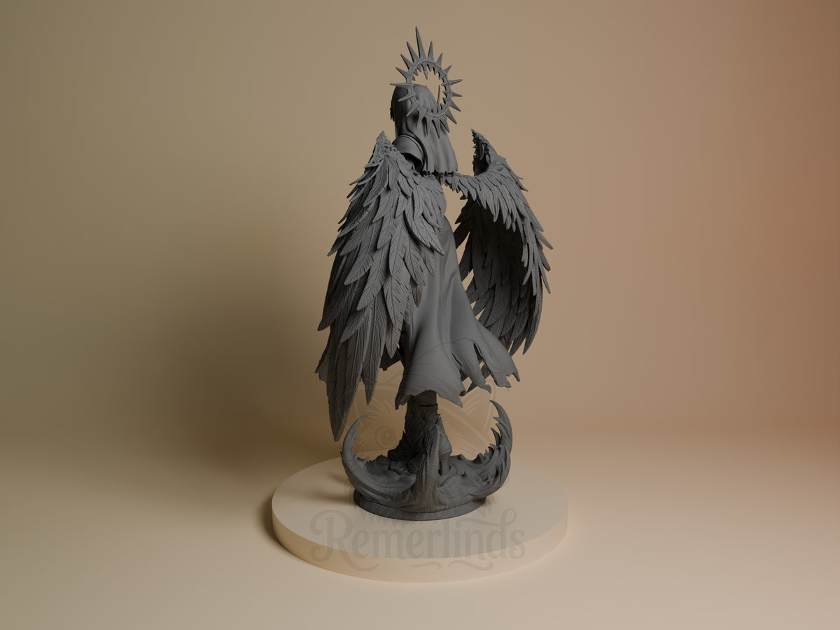 Corrupted Nun resin figure from left angle, showing gray unpainted form with large dark wings, spiky halo, and ornate base on neutral backdrop.