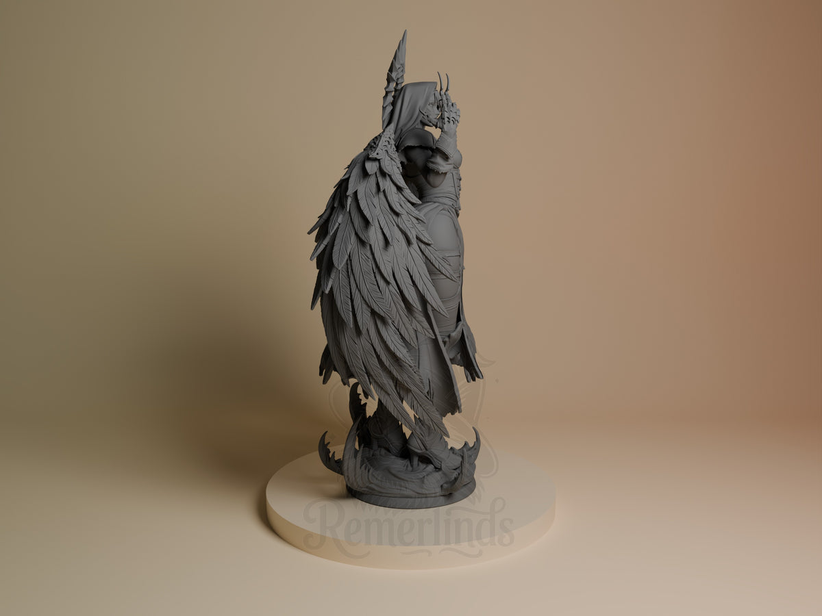 Corrupted Nun resin figure shown from the right side, unpainted gray resin with detailed feathered wings and horned headdress on circular base.