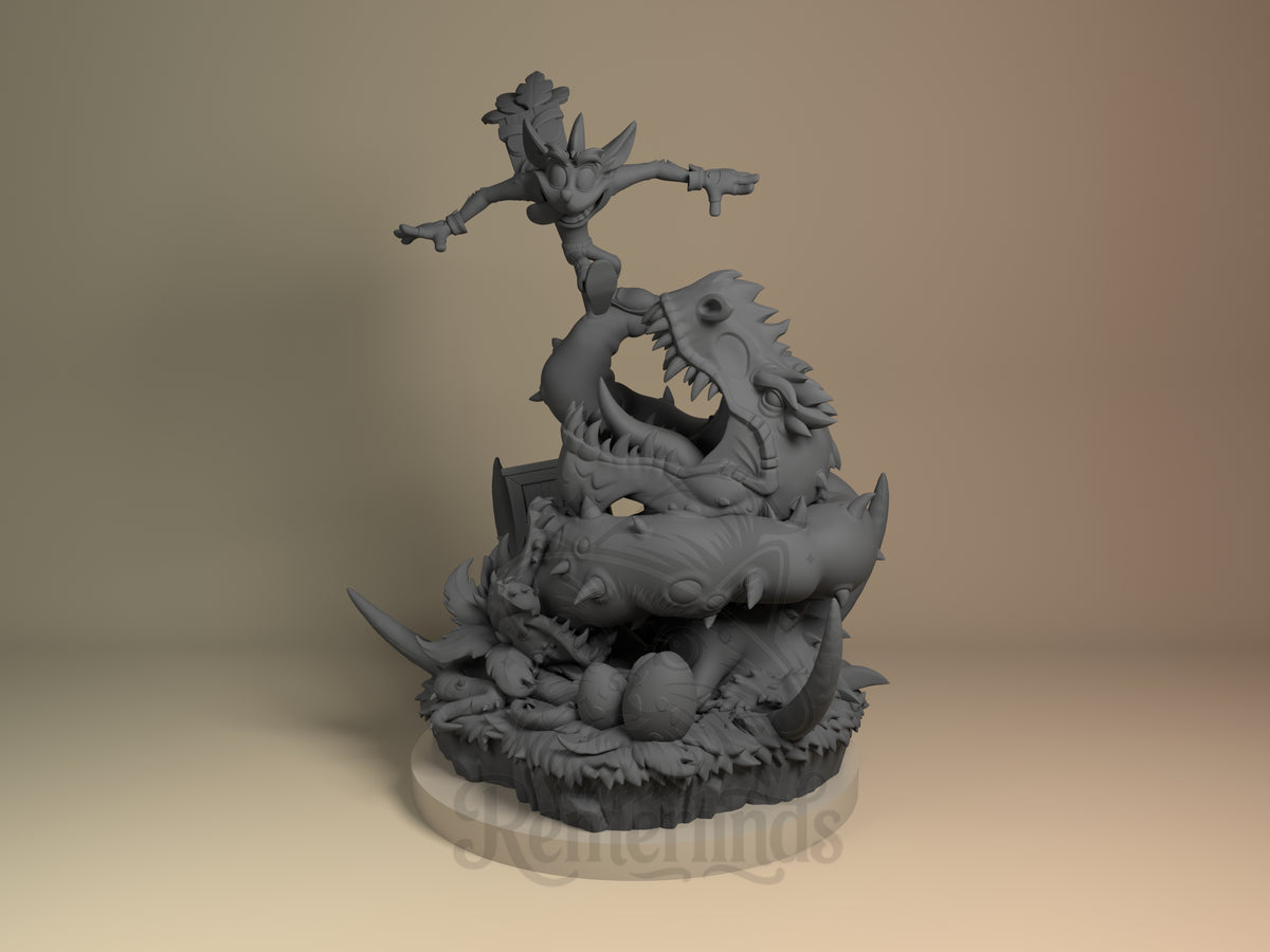 Spin Bandicoot from Marsupial Mayhem is an unpainted resin figure, front-facing with arms spread on a sculpted base.