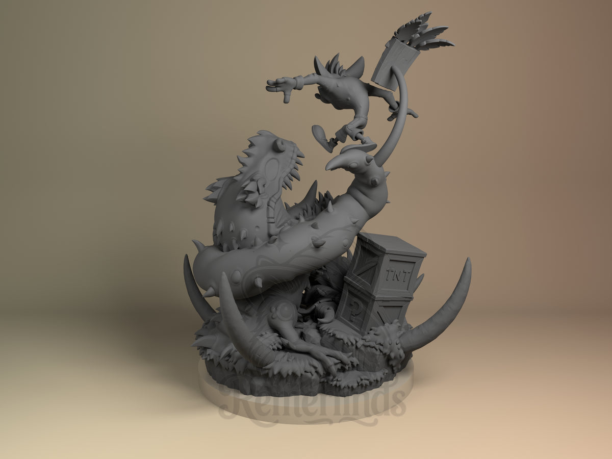 Spin Bandicoot from Marsupial Mayhem is an unpainted resin figure leaping above sculpted base.