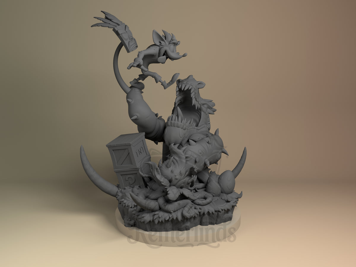 Unpainted resin figure of Spin Bandicoot from Marsupial Mayhem leaps above a sculpted base.