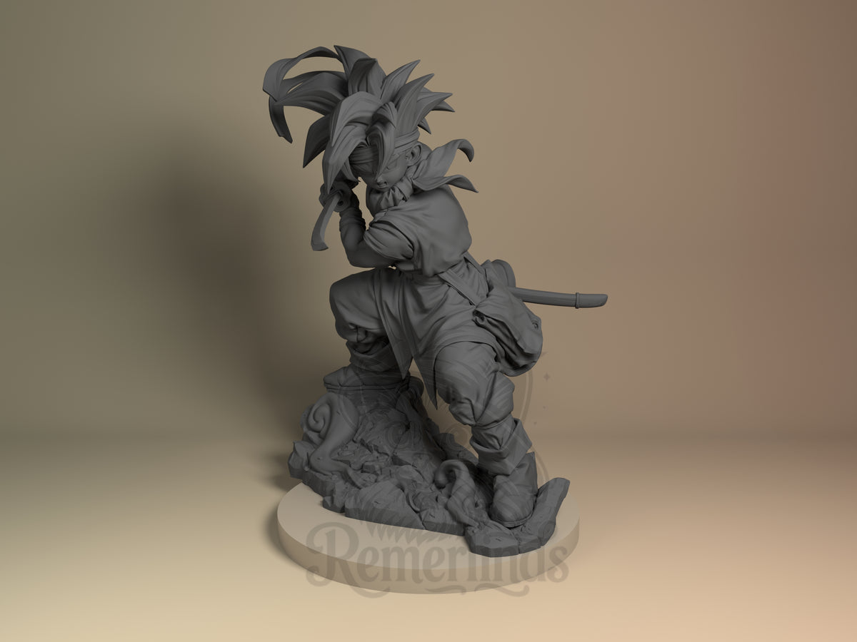 Crono Chrono Trigger 3D printed resin figure by Nomnom, unpainted front view. The figure depicts a detailed resin miniature of Crono from Chrono Trigger in a dynamic and intense battle-ready stance. He crouches on an intricately sculpted base, gripping his sword with both hands raised above his head, suggesting imminent action. The miniature features meticulously styled spiky hair, layered clothing, and accessories, capturing the character's iconic look and energy in a dramatic composition.