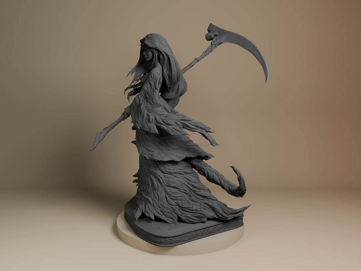 Crossbreed Priscilla resin figure in dynamic pose, holding scythe aloft, flowing robes detailed on rounded base, unpainted gray finish, three-quarter angle view.