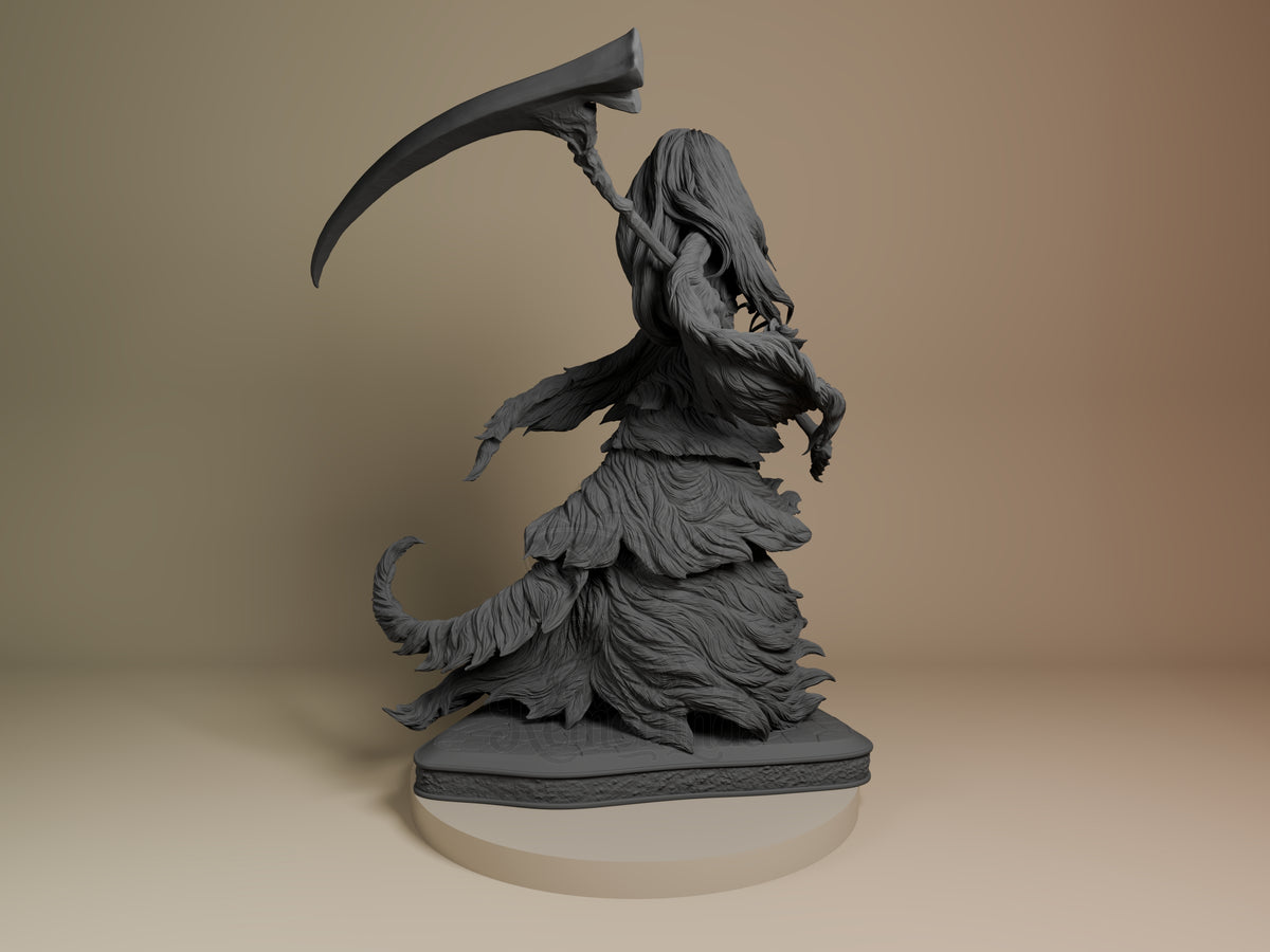Crossbreed Priscilla resin figure from Dark Souls, back view, showing flowing robes and tail, holding scythe aloft, unpainted gray resin on oval base.