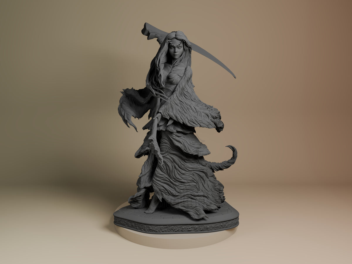 Crossbreed Priscilla resin figure from Dark Souls, unpainted gray finish, shown front-facing in dynamic pose with sword raised, flowing robes and tail on circular base.