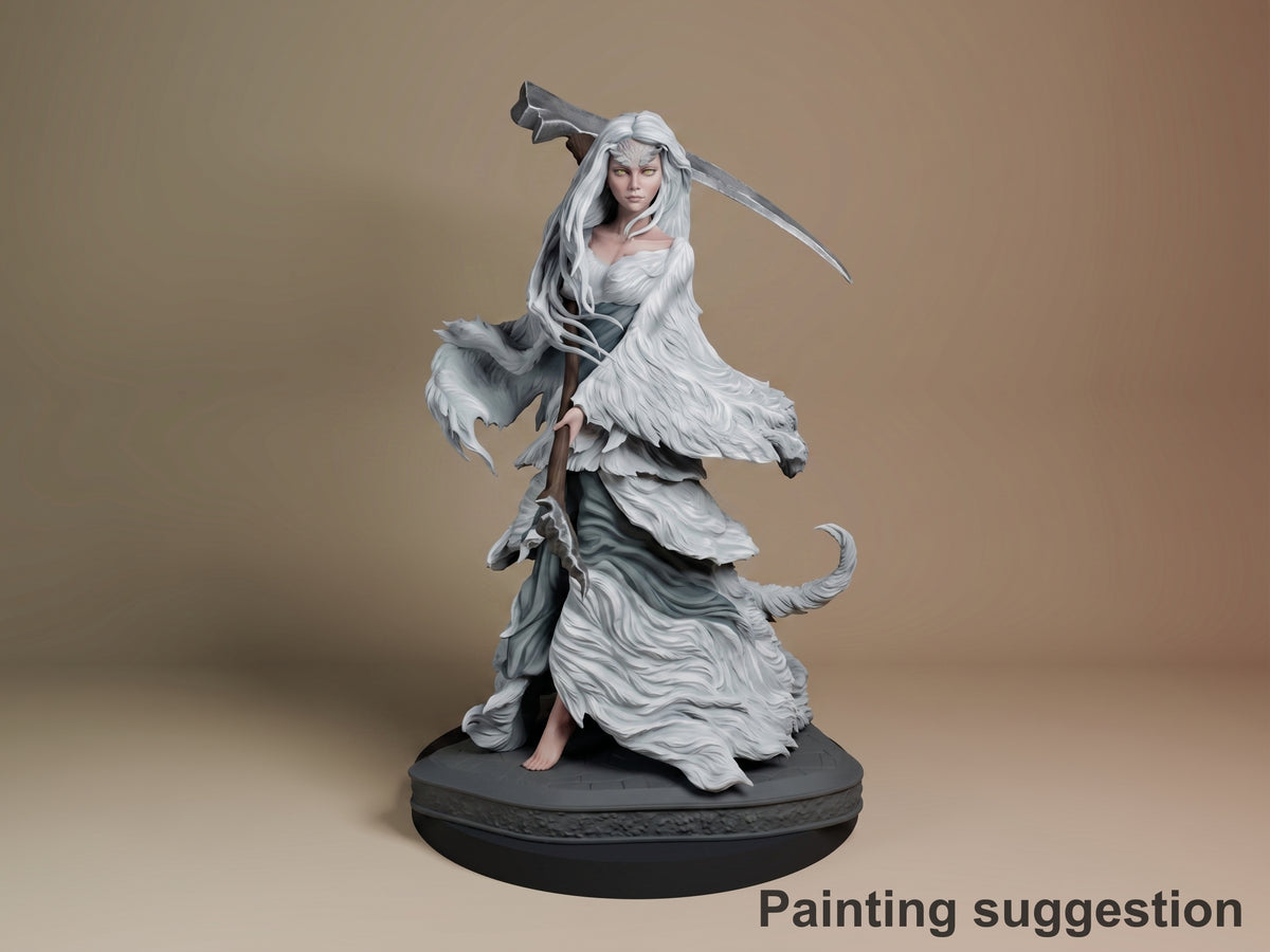 Crossbreed Priscilla resin figure in dynamic combat pose wielding a curved blade, white-painted with flowing garments and tail, on black base.