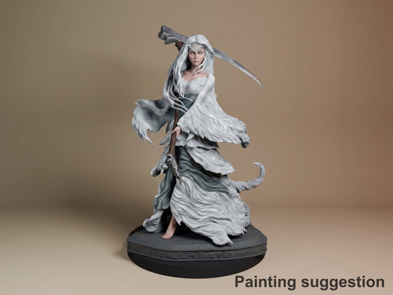 Crossbreed Priscilla resin figure in dynamic combat pose wielding a curved blade, white-painted with flowing garments and tail, on black base.