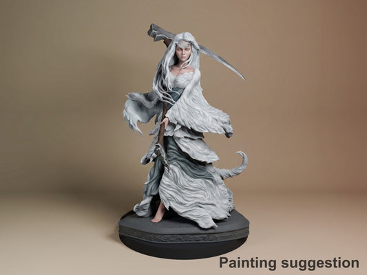 Crossbreed Priscilla resin figure in dynamic combat pose wielding a curved blade, white-painted with flowing garments and tail, on black base.
