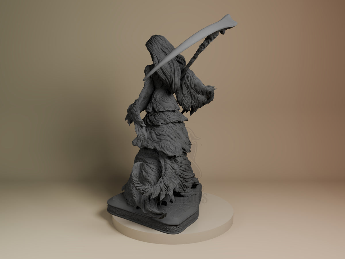 Crossbreed Priscilla resin figure from Dark Souls shown from left angle, unpainted gray, wielding sword overhead in dynamic pose on black base.