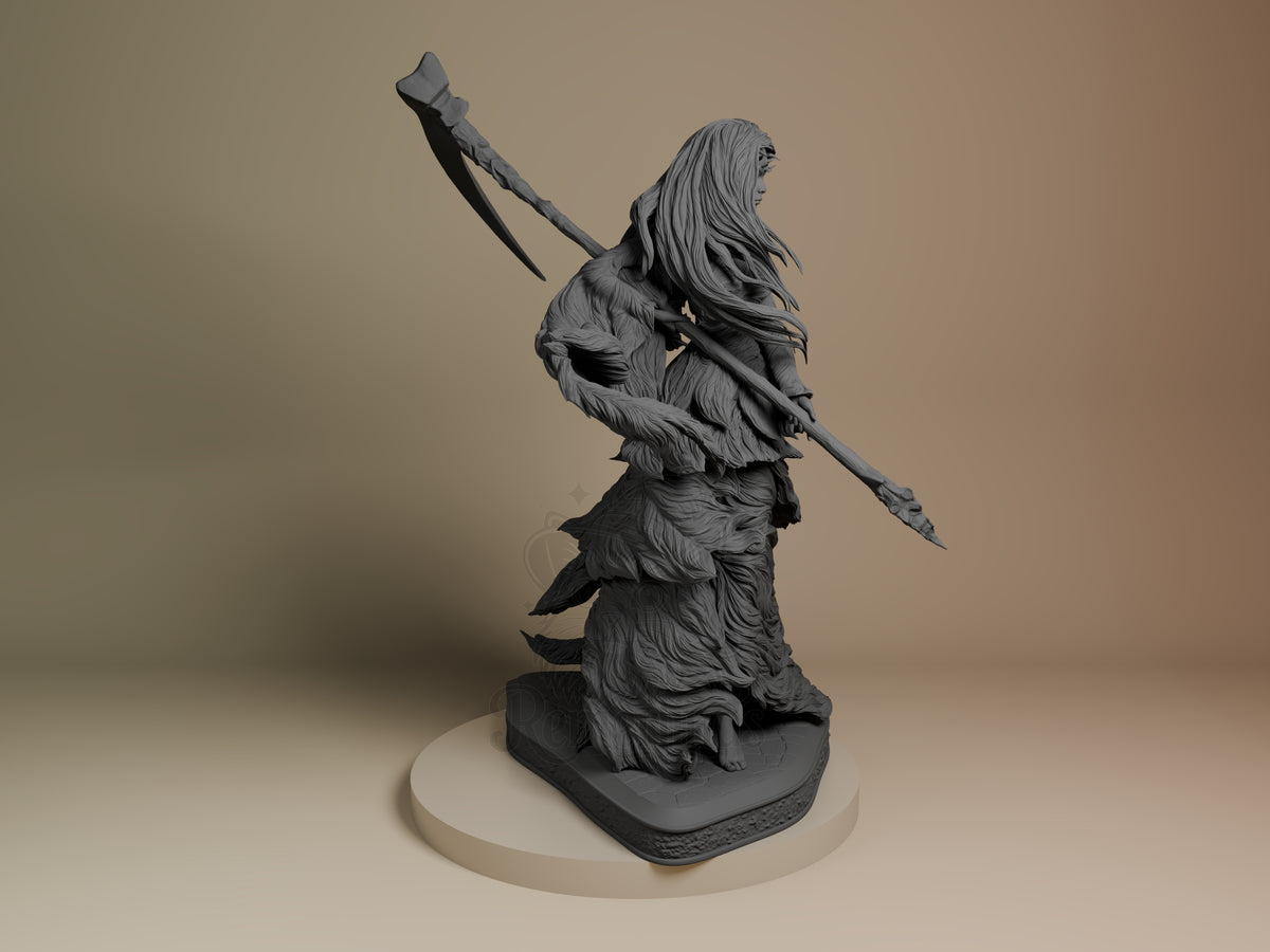 Crossbreed Priscilla resin figure from Dark Souls, unpainted gray, shown from right side wielding scythe, mounted on cream base.